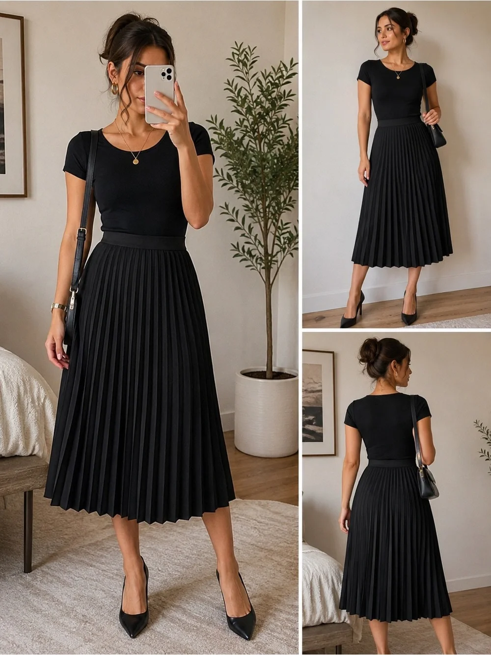 SHEIN Black Pleated Midi Skirt Size L Elastic Waist Classic